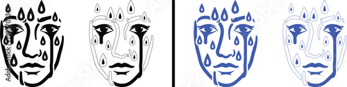 crying face icon with tears isolated on white background, black and blue vector illustration of sad human face for emotions, grief, and mental health concepts.