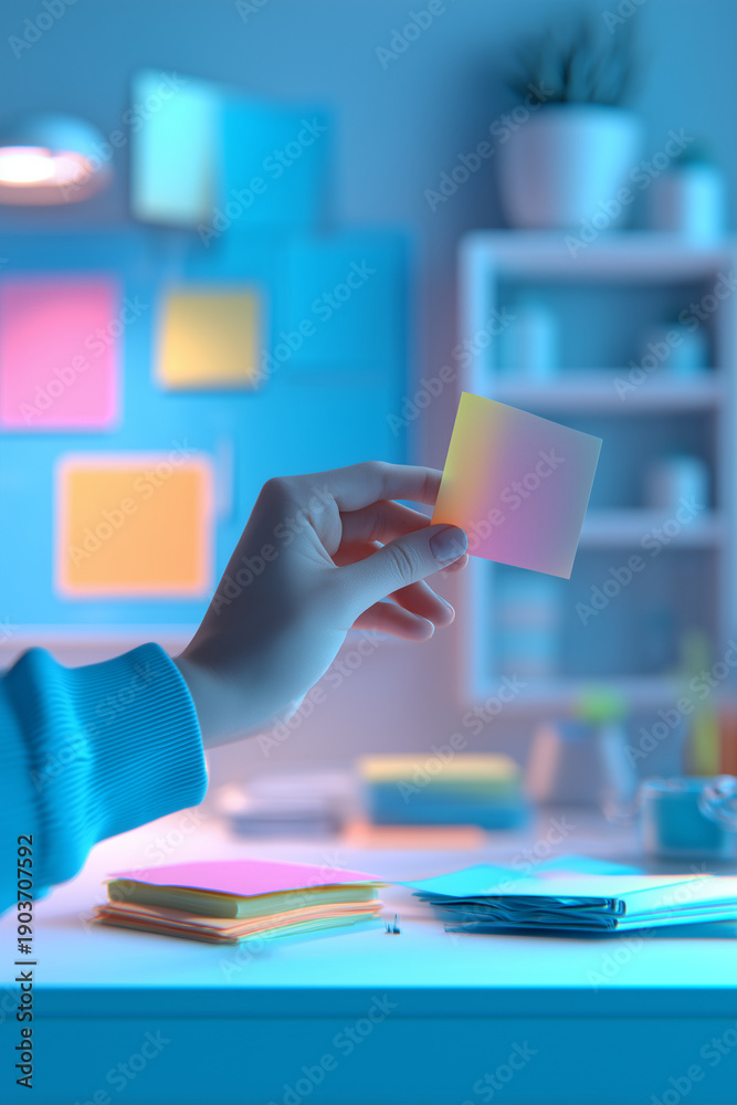 custom made wallpaper toronto digitalHand holding colorful sticky note, planning and brainstorming ideas on a desk at home or office