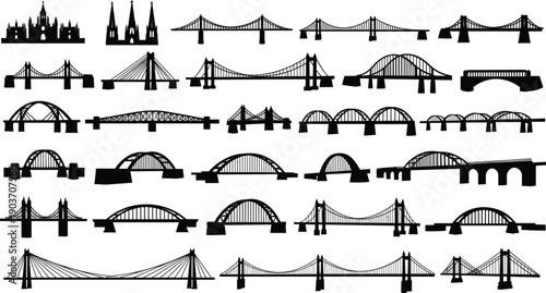 Bridge silhouette collection, famous landmark bridges set, architectural structures illustration, city transport design, black vector icons isolated on white background