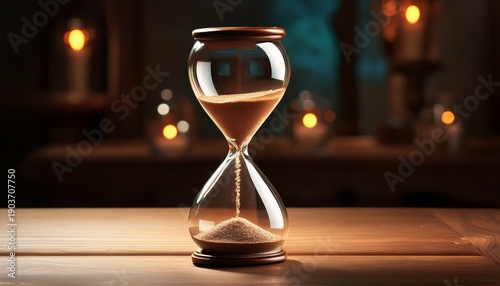 an hourglass sits on a table symbolizing the passage of time