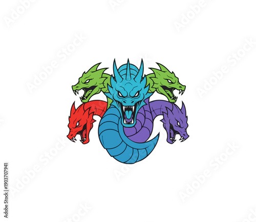 Stylized hydra illustration with multiple colored heads on black background