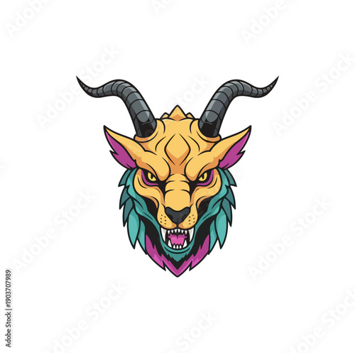 Stylized illustration of mythical beast face on black background
