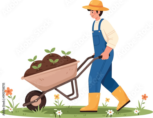 Farmer with wheelbarrow in countryside, farmer pushing wheelbarrow with seedlings flat vector illustration