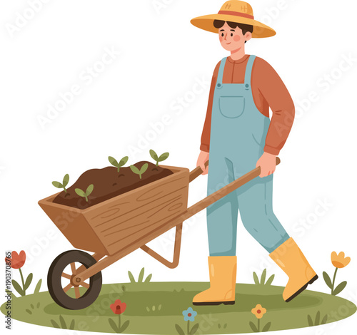 Farmer with wheelbarrow in countryside, farmer pushing wheelbarrow with seedlings flat vector illustration