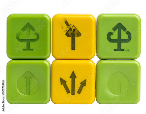Six colorful cubes with arrow and tree symbols