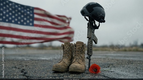 Battlefield cross memorial with military boots, rifle, helmet, and a red poppy. American flag waves in background. Honoring fallen soldiers, courage, and sacrifice.