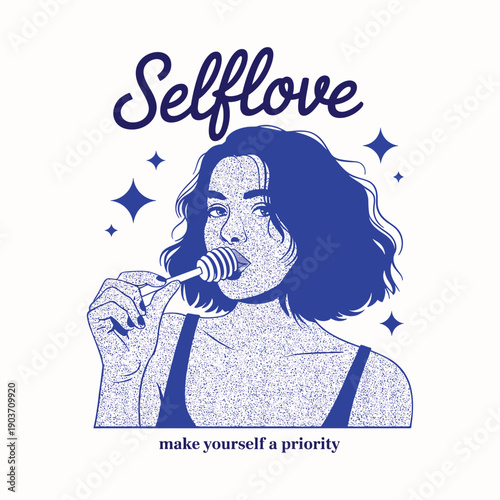 Selflove Woman Portrait Illustration with Blue Stippling Art Style