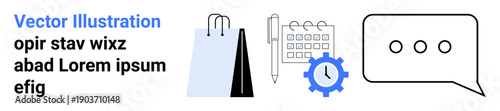 E-commerce, task planning, business operations, digital communication, online shopping, workflow planning. Shopping bags, calendar gear and chat bubble icons. E-commerce and task planning