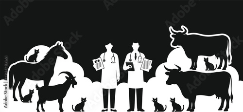 Veterinarian silhouette illustration, animal healthcare, farm animals, horse goat cow bull, cats, professional vet care, stethoscope, black vector art design