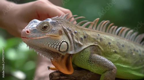 A hand gently petting a large, vibrant iguana, showcasing its textured skin and calm demeanor