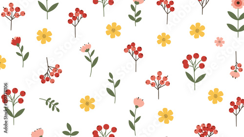 Charming floral pattern consists of dainty yellow and pink flowers paired with small red berries and green leaves on a white backdrop.