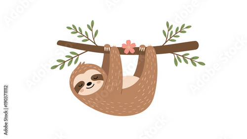 Cute brown sloth with a peaceful expression hangs lazily from a tree branch decorated with green leaves and a single pink flower.