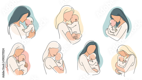 Collection of minimalist line art drawings portrays tender moments between mothers and their babies in various affectionate poses.