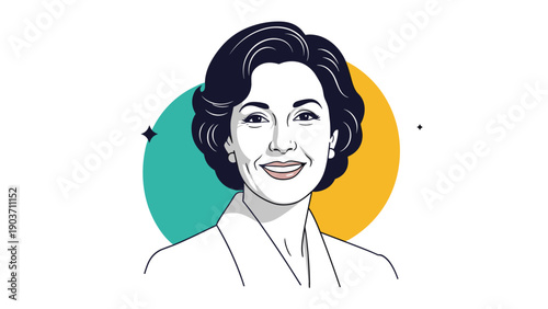 Portrait of a middle aged woman with dark wavy hair and a friendly smile is set against a background of yellow and teal circles.