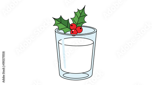 Simple glass of fresh milk is garnished with a sprig of green holly leaves and red berries for a festive holiday themed beverage.
