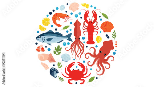Circular arrangement of fresh seafood delicacies includes a large crab, lobster, squid, shrimp, mussels, fish, and lemon slices.