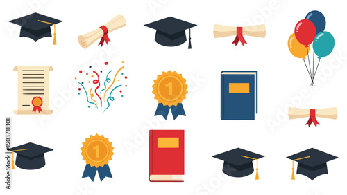 Graduation celebration icon set featuring academic caps, rolled diplomas, books, gold medals, and colorful party balloons.