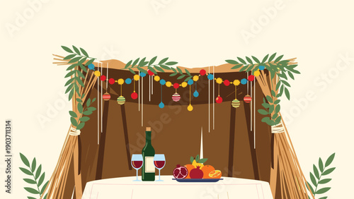 Traditional Sukkah booth decorated with lights and foliage for the Jewish festival of Sukkot in an outdoor autumnal setting.