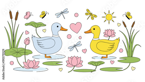 Charming pond scene illustration featuring ducks, lotus flowers, dragonflies, butterflies, and lush marsh vegetation icons.