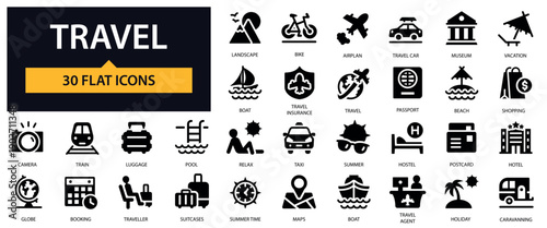 Travel icons set. Vacation, Tourism, Transportation, Booking, Adventure and others.