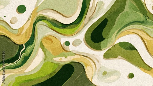 Organic Forms in Green and Gold: An abstract composition of flowing shapes in shades of green and gold, creating a sense of natural fluidity and harmonious movement.