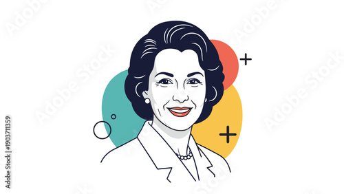 Elegant portrait illustration of a smiling professional middle-aged woman against a modern abstract geometric background.