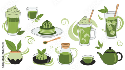 Extensive collection of matcha green tea items including lattes, desserts, tea pots, bowls, and whisk with decorative swirls.
