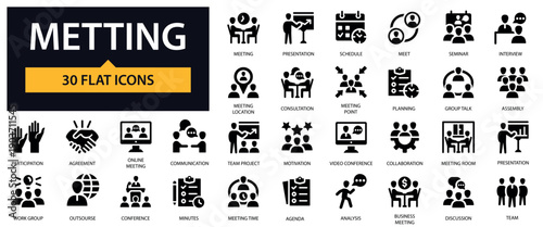 Meeting icons set. Business Meeting, Presentation, Planning, Teamwork, Communication and others.