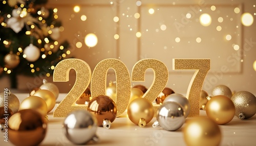 Golden new year's decorations with christmas tree and bokeh lights in background