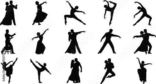 Black silhouettes of dancers and dancing couples in various poses
