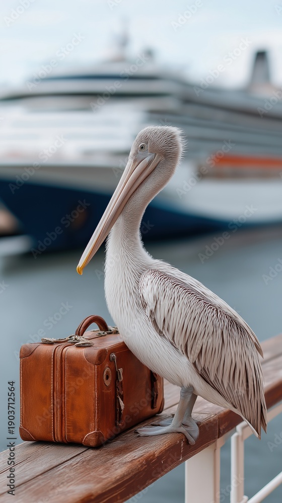 Fototapeta premium Pelican perched on dock beside vintage suitcase with cruise ship in background