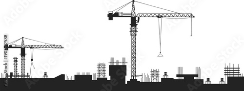Construction crane silhouette illustration, industrial building site skyline with tower cranes isolated, engineering architecture development concept for urban design