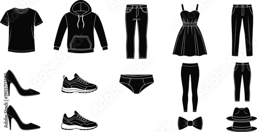 Clothing fashion silhouette icons set, men women apparel collection, shoes dress pants accessories, black vector illustration isolated on white background