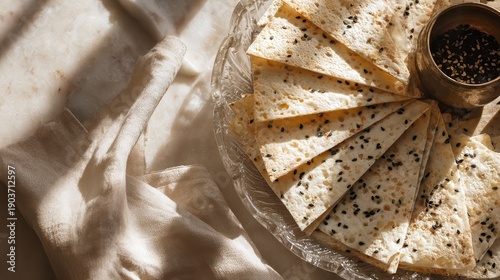 Wallpaper Mural Thin armenian lavash chips with black sesame arranged in a glass platter beside linen napkin on sunlit marble kitchen counter, cozy homemade snack concept Torontodigital.ca