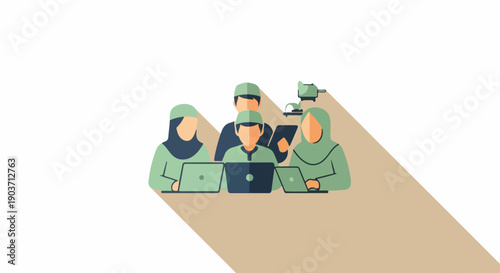 Modern flat design illustration of a diverse team, including Muslim professionals, collaborating with laptops, symbolizing teamwork, digital business, and education.