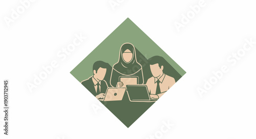 Professional diverse business team collaborating in a meeting, with a woman in hijab and male colleagues working on laptops, flat vector illustration.