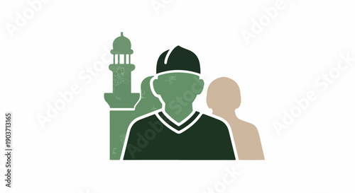 Iconic illustration depicting a Muslim man in a Kufi, alongside a mosque minaret and a diverse community, representing Islamic faith and cultural identity.