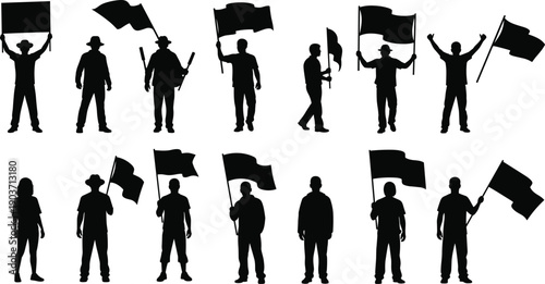 Black silhouettes of people holding flags and signs protest