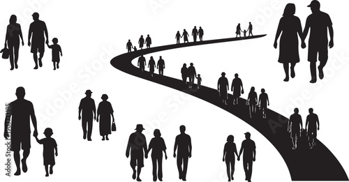 Silhouettes of people walking on a winding path together