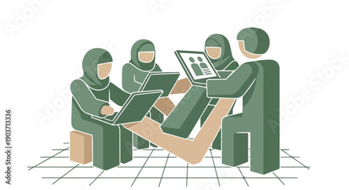 Diverse group of people in hijab collaborating on laptops and tablet in a modern meeting room, teamwork concept