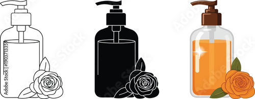 Set of three soap dispenser icons with rose including line art silhouette and colored vector illustration for beauty and cosmetic concepts