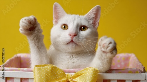 Playful white cat in basket with yellow bow on bright yellow background