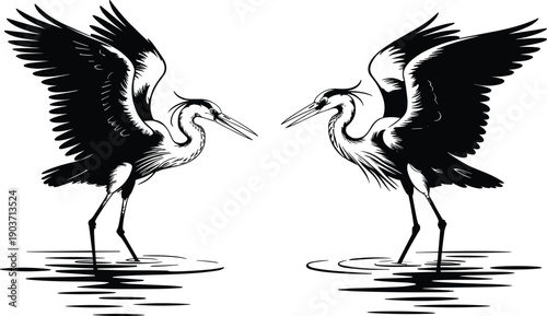 Heron bird silhouette illustration, flying crane water bird pair reflection design, wildlife vector animal symbol for nature logo decoration