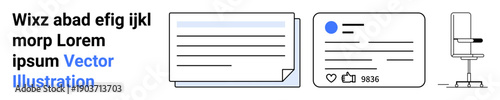 Digital communication, content sharing, workplace tools, modern design, social interactions, productivity. are a document, social media post and office chair. Digital communication and content