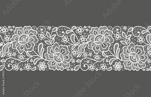 Seamless floral background with lace flowers and leaves. Vector hand made white lace ribbon with flowers