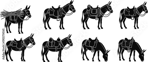 Black silhouettes of horses and riders galloping in nature vector illustration