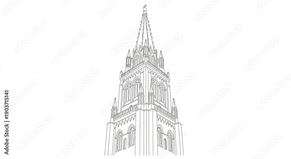 Fototapeta premium Tall Gothic Clock Tower Cathedral Architecture Line Art Vector Illustration Historic European Landmark Building for Travel Heritage and City Skyline Design 