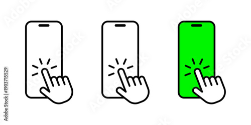Smartphone tap gesture icon with transparent, white and green screen set