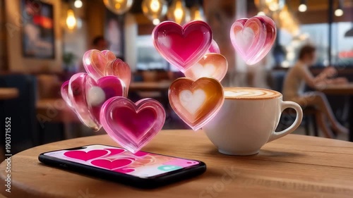 First-person POV of a smartphone screen on a coffee table. Animated 3D glass hearts 