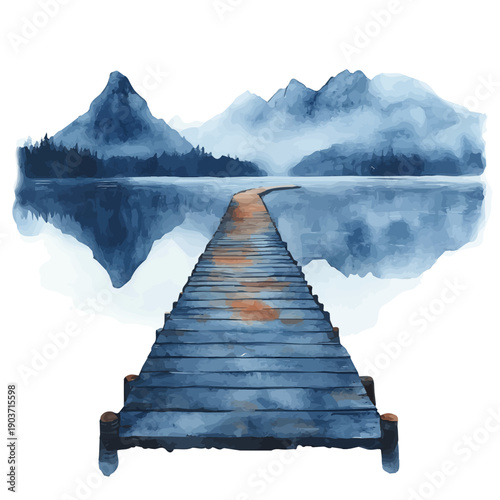 Sunrise Quiet Fishing Dock, watercolor vector, isolated on a white background.